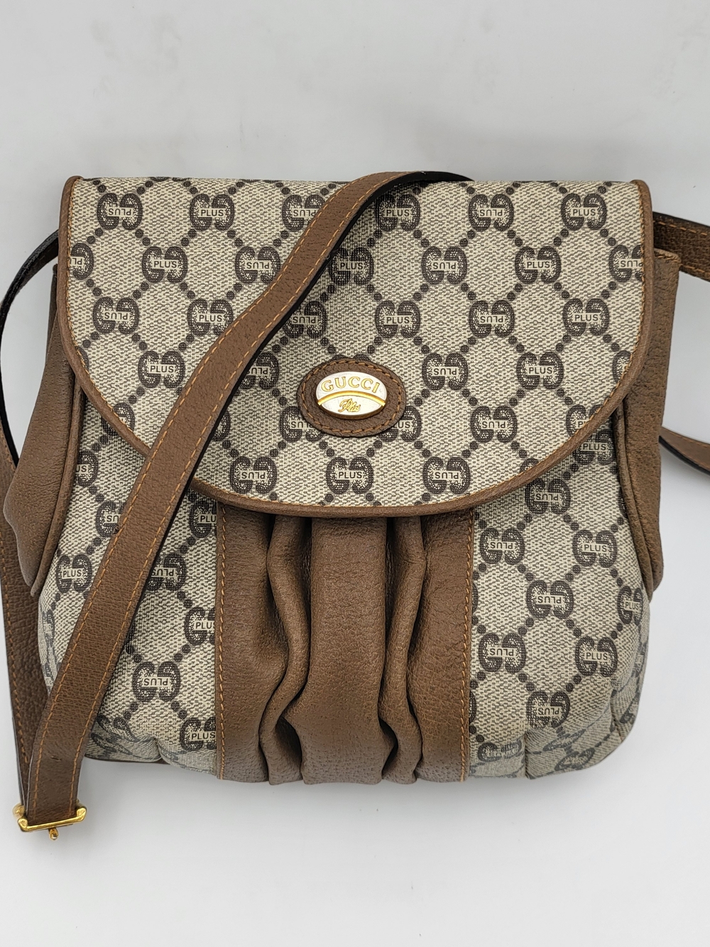 GUCCI PLUS Coated Monogram Shoulder Bag Leather Trim, Authentic. Vintage !